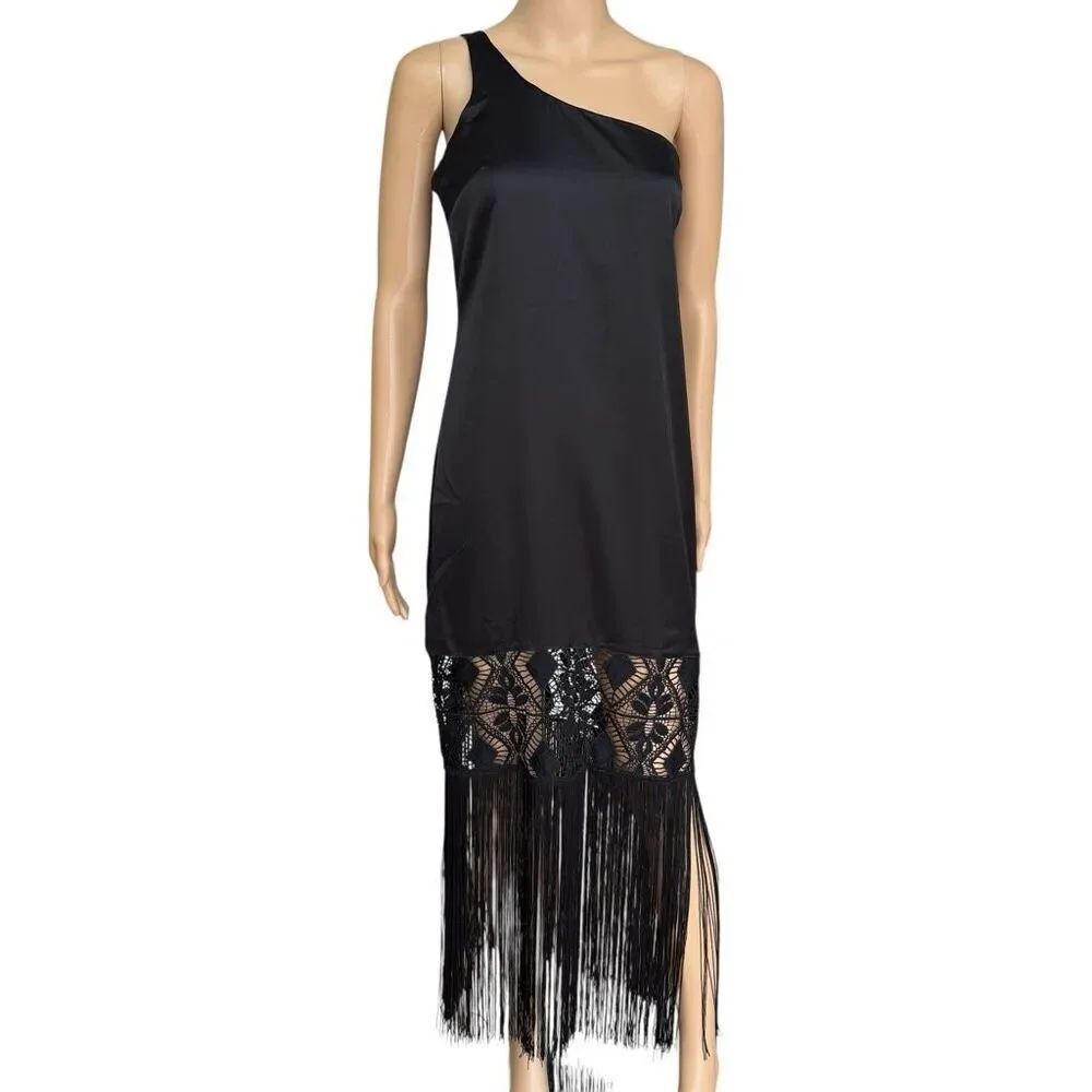 Topshop one shoulder satin midi dress broderie fringe detail size 10